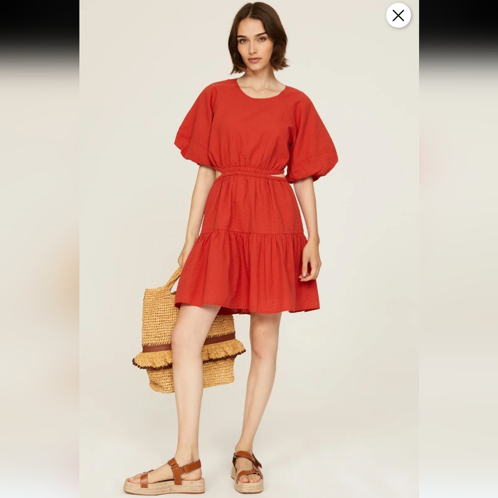 Madewell Red Mini Tiered Puff-Sleeve Dress